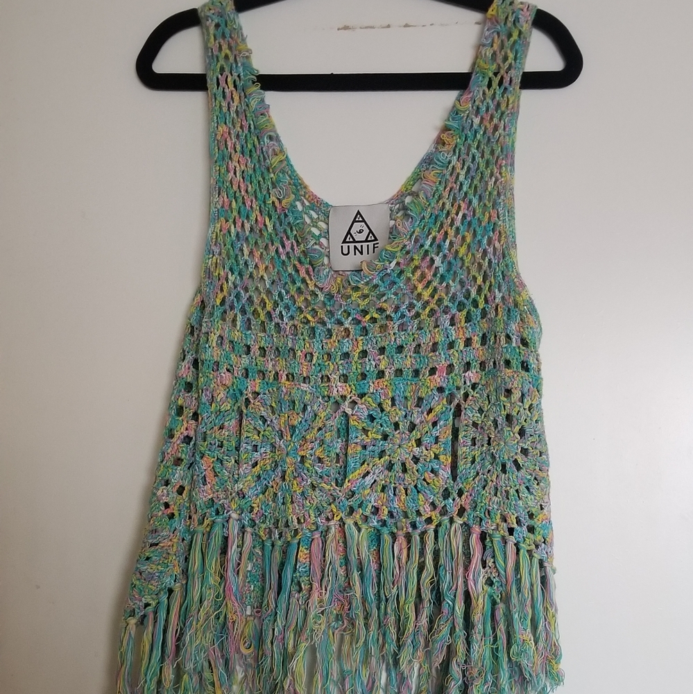 UNIF boho crochet fringe tassel crop top SMALL